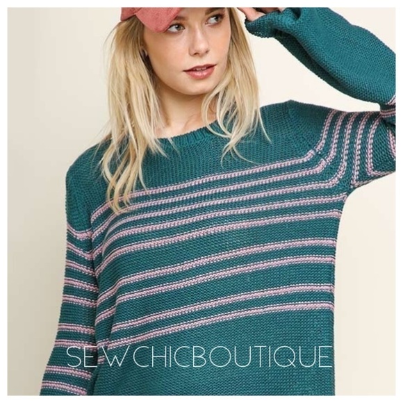 Green Long Bell Sleeve Striped Knit Sweater - Picture 1 of 6